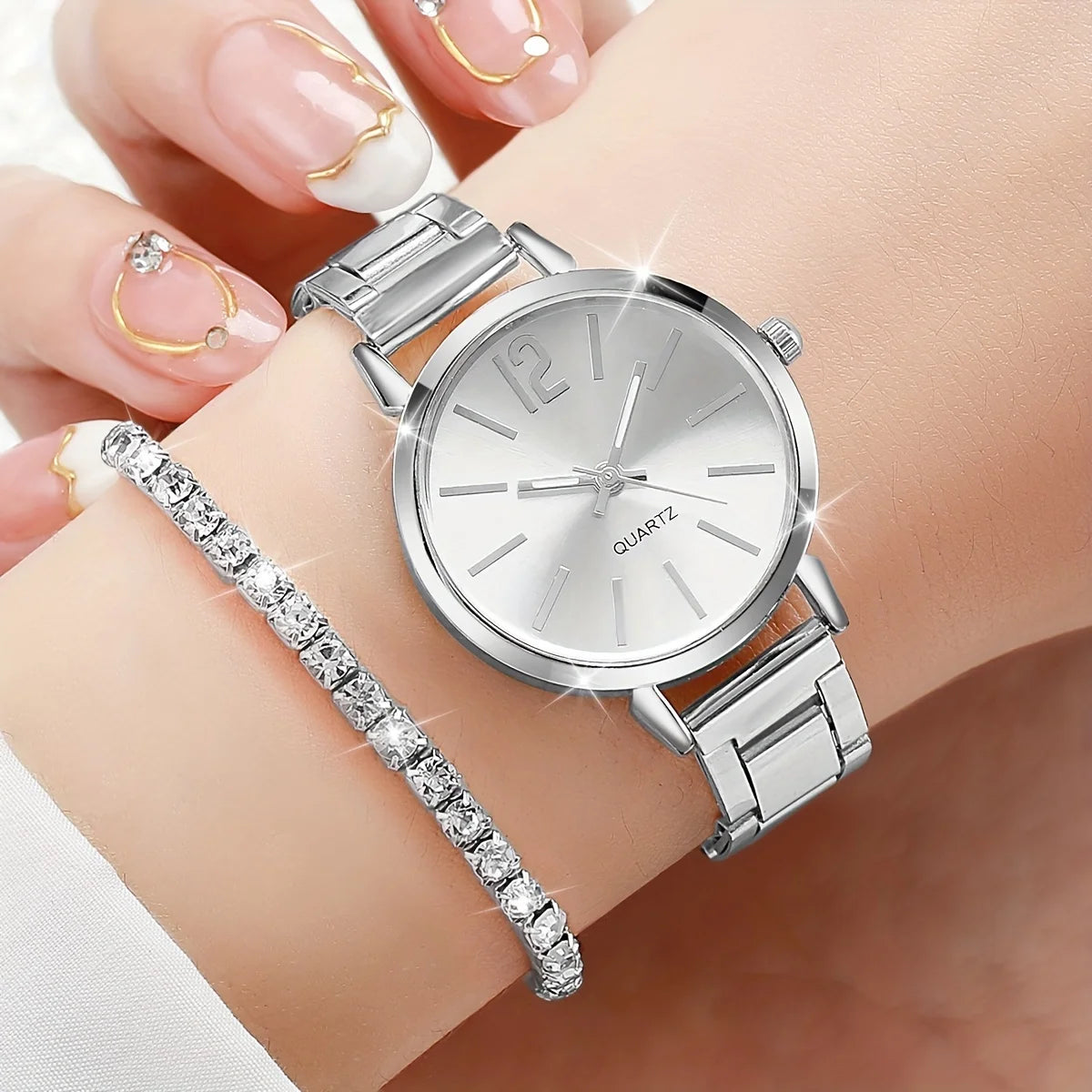 6PCS/Set Fashion Women's Quartz Watch Stainless Steel Band Wrist Watches Diamond Jewelry Set(Without Box)